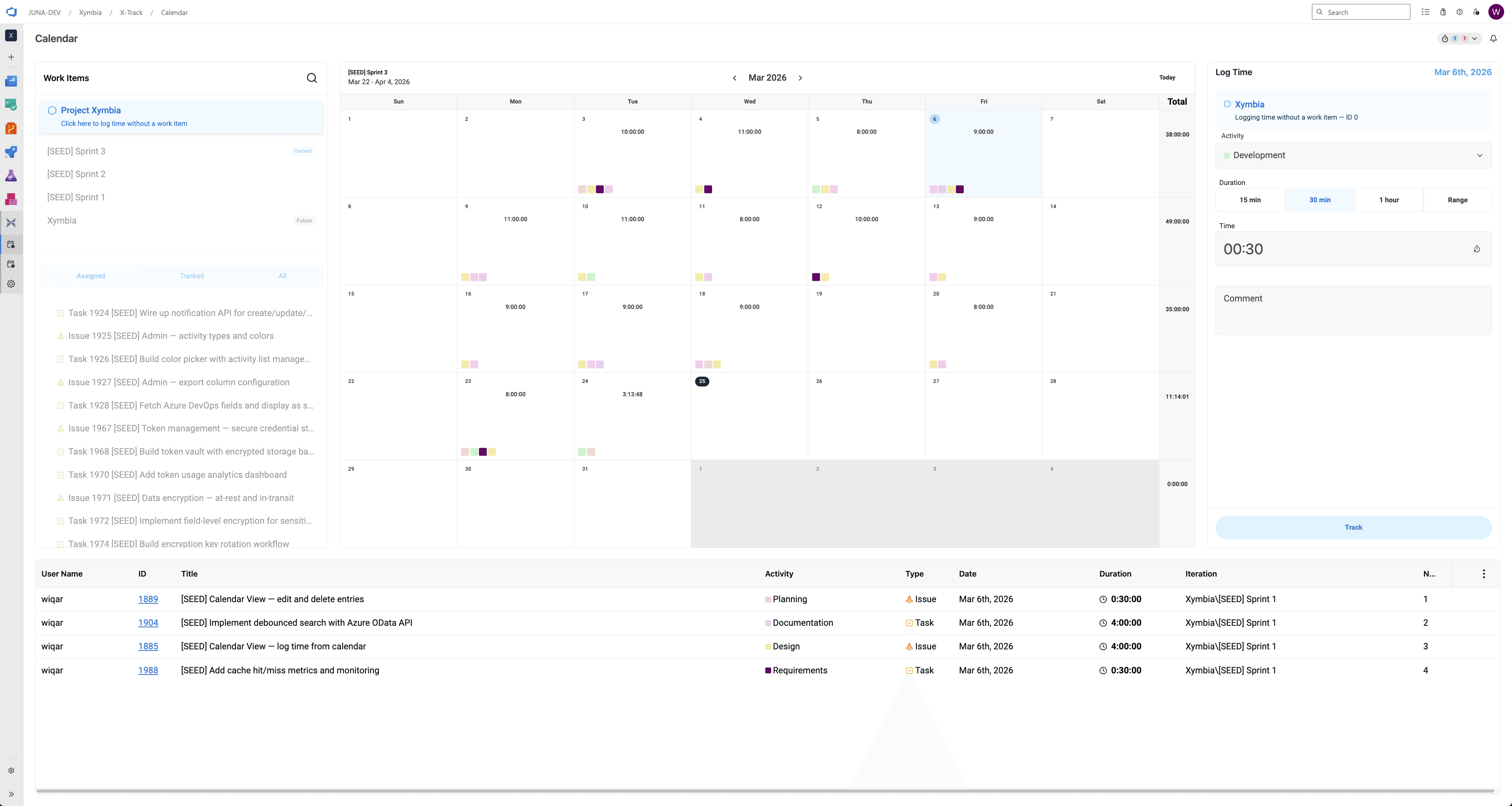 Calendar view inside Azure DevOps showing time logging