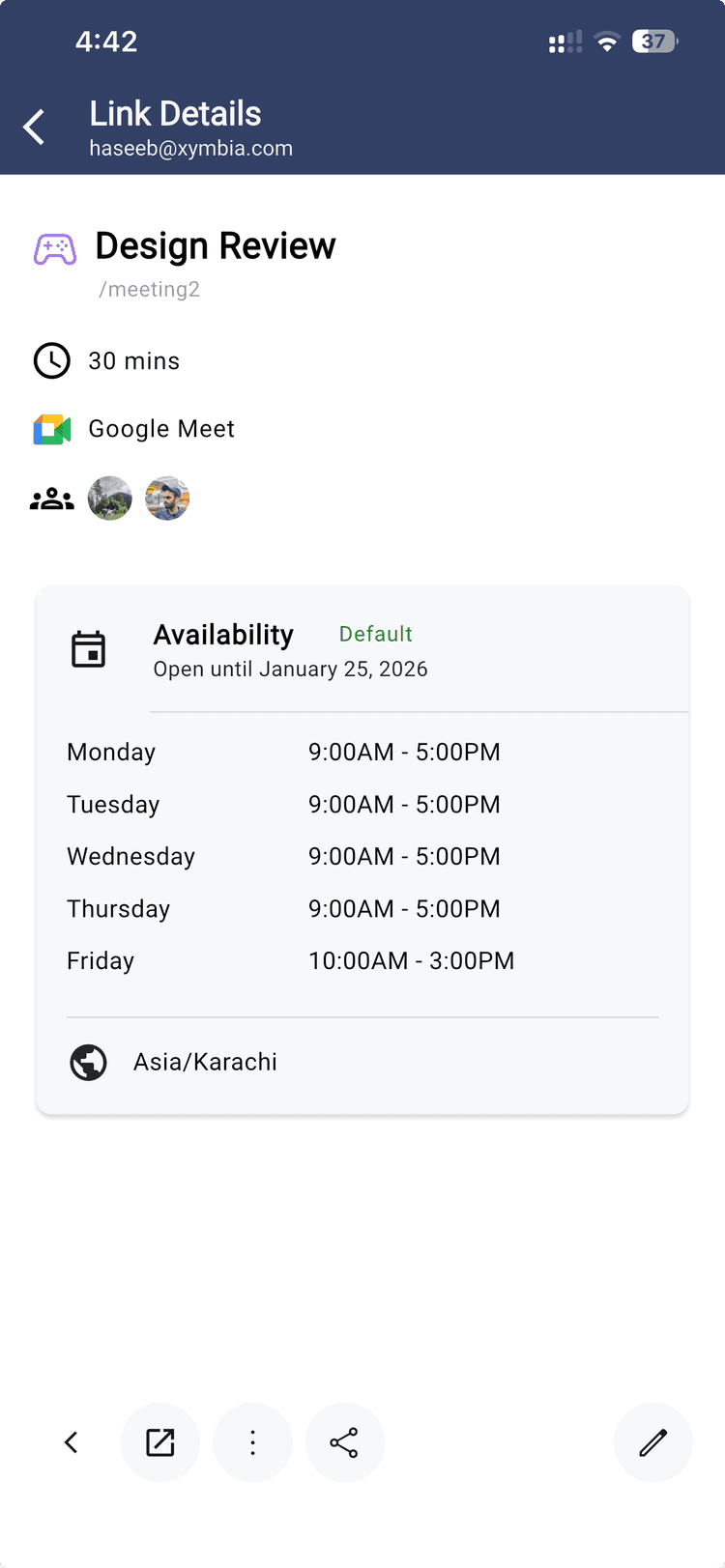 Event Link showing availability schedule for coordinating meetings